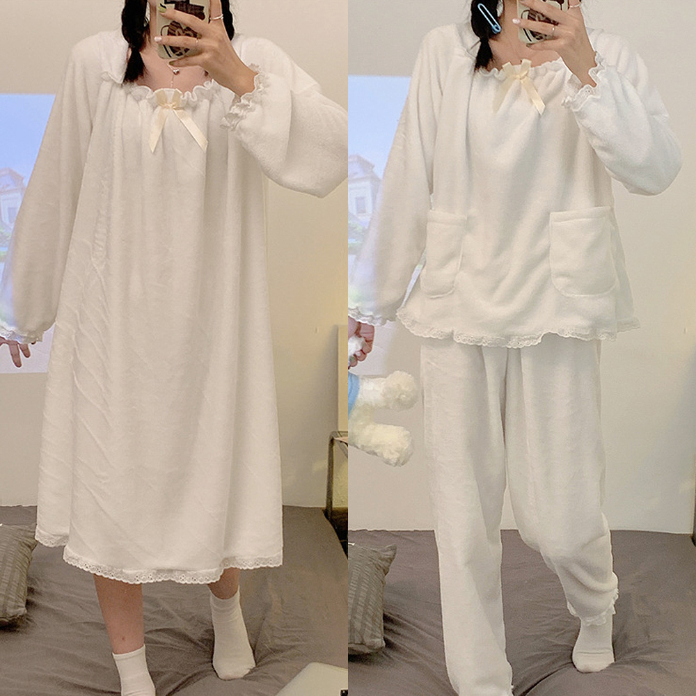 [수면잠옷] 화이트 극세사 원피스 투피스 레이스 잠옷