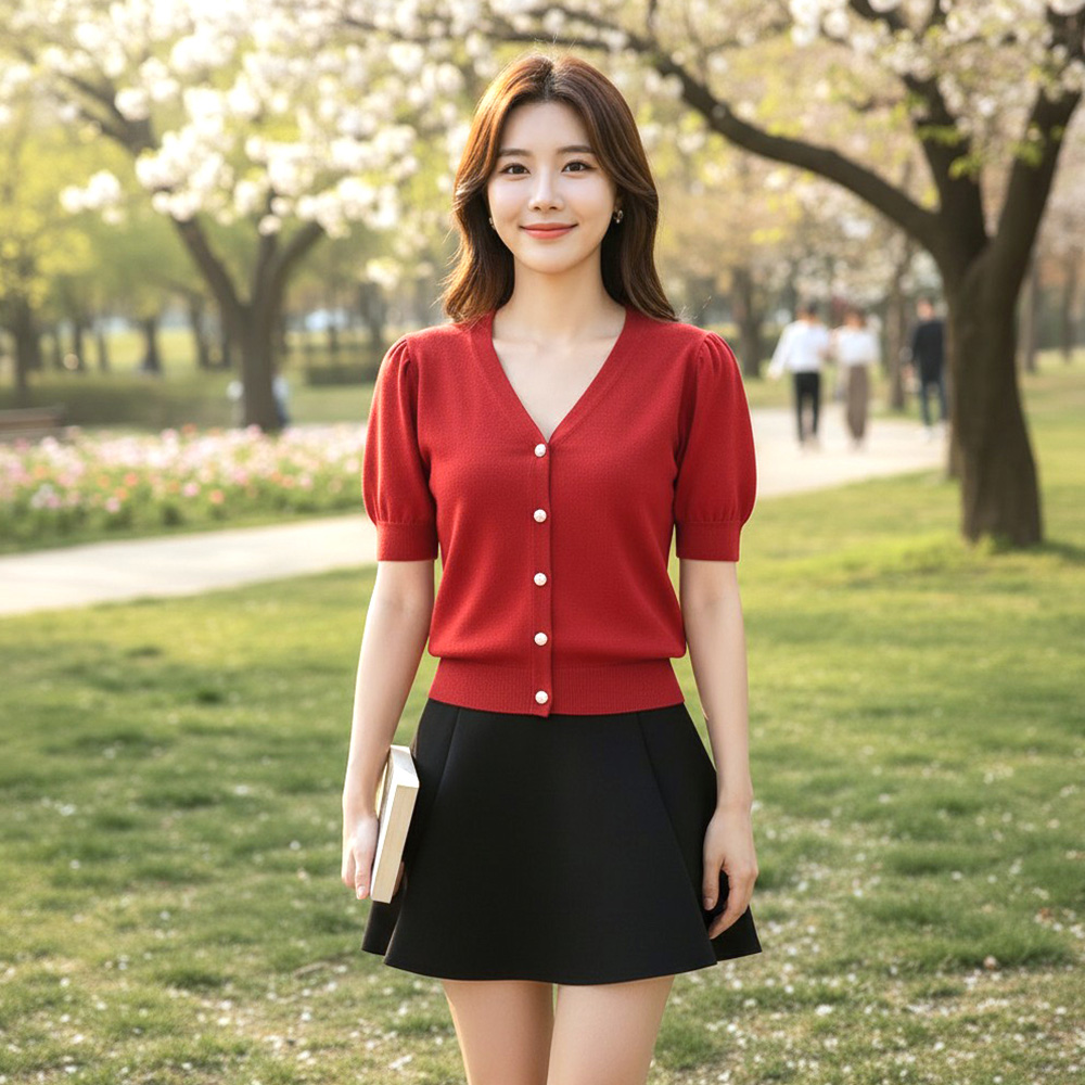 미텐드 꽃진주 단추 퍼프 소매 반팔 가디건 SD-260629 대표 이미지