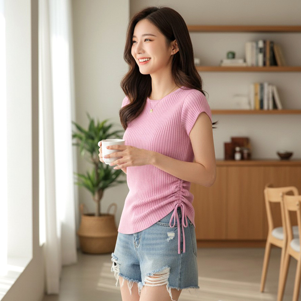 링키 언발 사선셔링 캡소매 골지 반팔티 SD-260630 대표 이미지