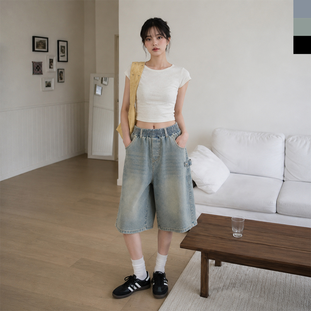 AGG 1020W 여자 오버핏 워싱 스냅 데님 버뮤다 밴딩 팬츠 대표 이미지