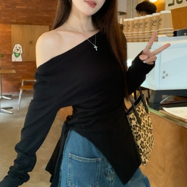 오프숄더 언발란스 허리끈 슬림핏 긴팔 티셔츠 HES-1010487 대표 이미지