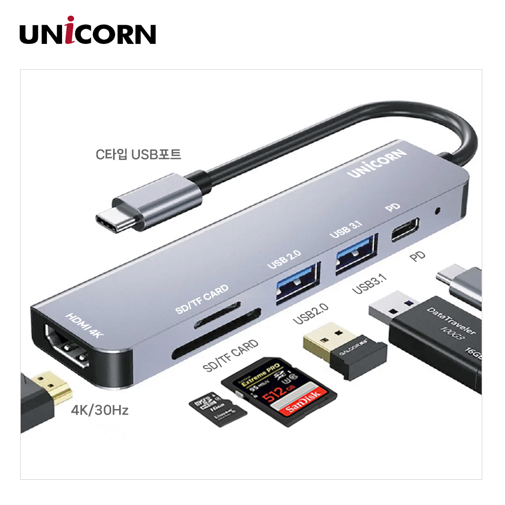 유니콘 6IN1 HDMI USB멀티허브 SD/TF카드리더 PD 87W충전 4K미러링 TCH-P30 이미지 2
