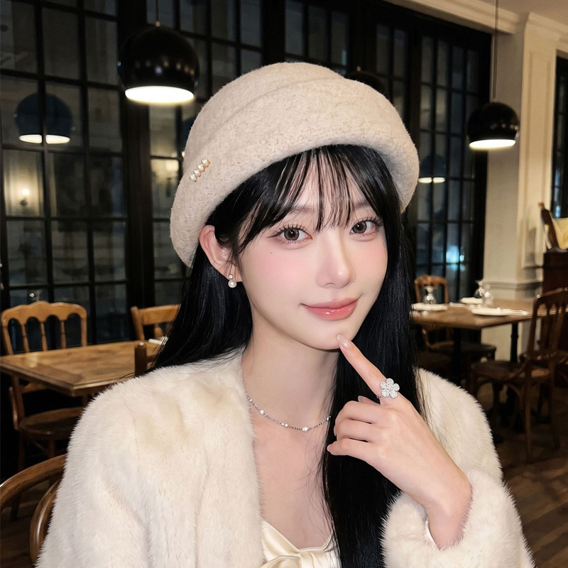여성 진주장식 배색 니트 둥근챙 데일리 원형 페도라 겨울모자 대표 이미지