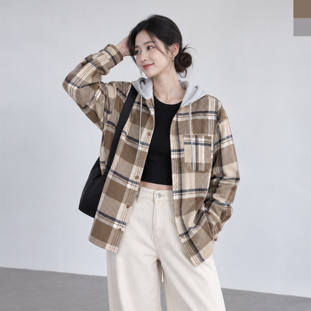 GAA 3010W 여성 기모 체크 후드 셔츠 루즈핏 빅사이즈 겨울 남방 대표 이미지