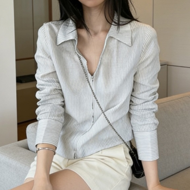 스트라이프 여성 컴팩트 오픈카라 집업 셔츠 DHH-L59 대표 이미지