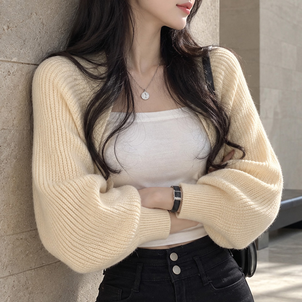여성 오픈형 골지 니트 가디건 크롭핏 볼륨소매 여성스러운 간절기 코디 대표 이미지
